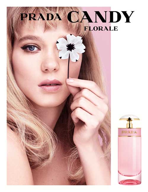 Lea Seydoux as a Prada candy fragrance cover face,